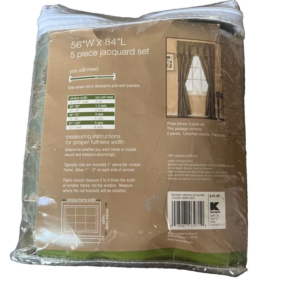 Vintage Verona Jacquard 5 Piece Curtains Green Mist Window Decor 56 x 84 New
